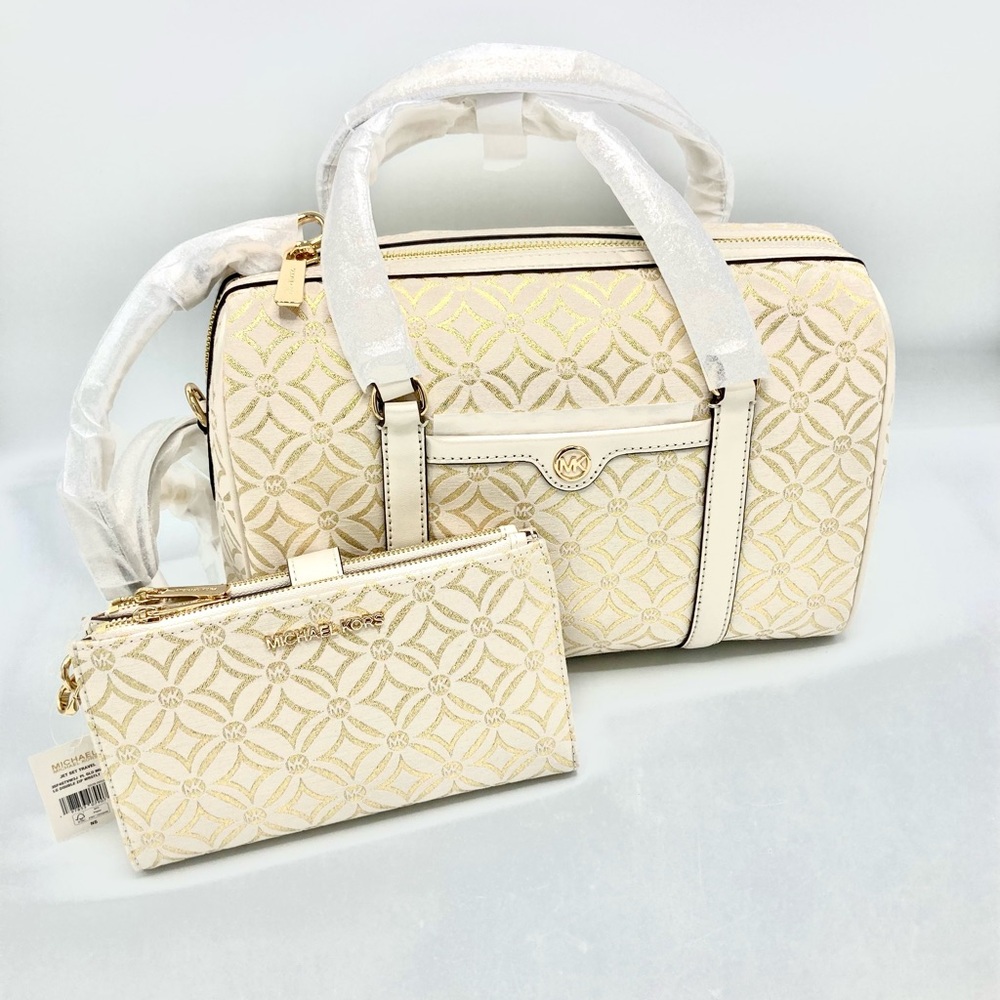 NWT Michael Kors JS Travel Md Duffle Satchel & Lg Dbl Zip Wristlet Pl Mlti Gld